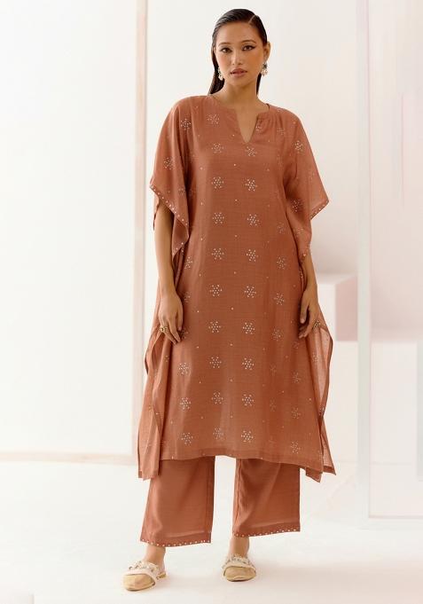 Rust Embellished Linen Kurta Set