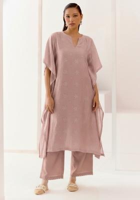 Pink Embellished Linen Kurta Set