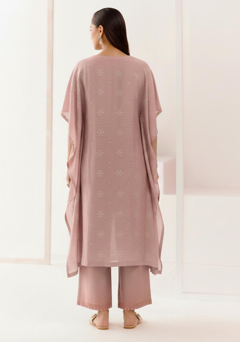 Pink Embellished Linen Kurta Set - Indya