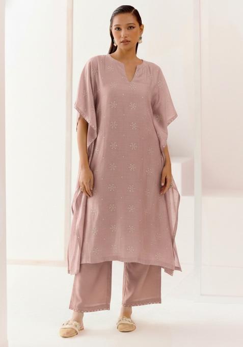 Pink Embellished Linen Kurta Set