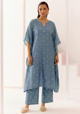 Blue Embellished Linen Kurta Set