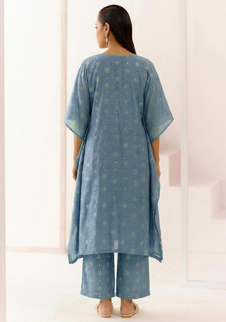 Blue Embellished Linen Kurta Set - Indya