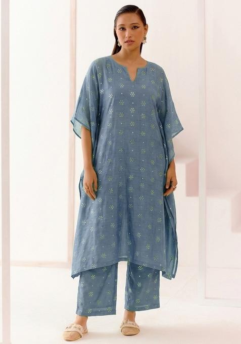 Blue Embellished Linen Kurta Set