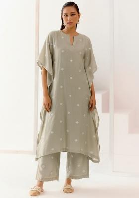 Grey Embellished Linen Kurta Set