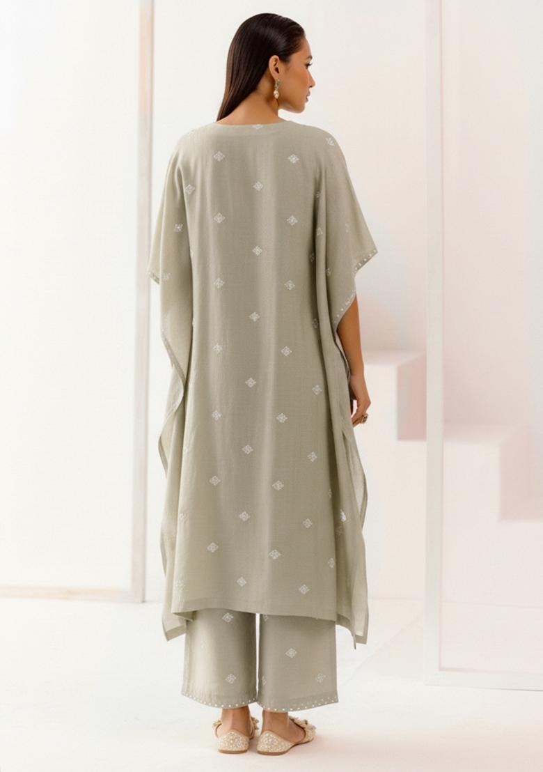 Grey Embellished Linen Kurta Set - Indya