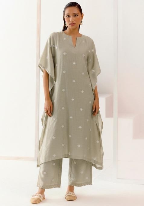 Grey Embellished Linen Kurta Set