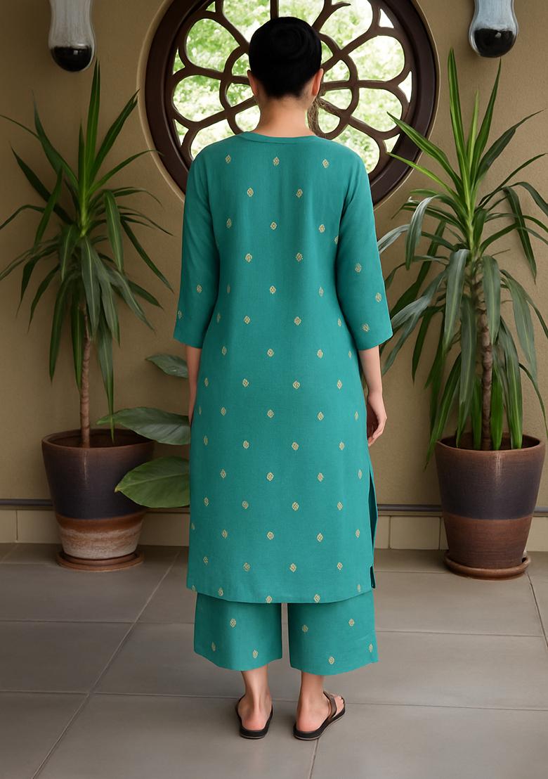 Blue Embellished Linen Kurta Set - Indya