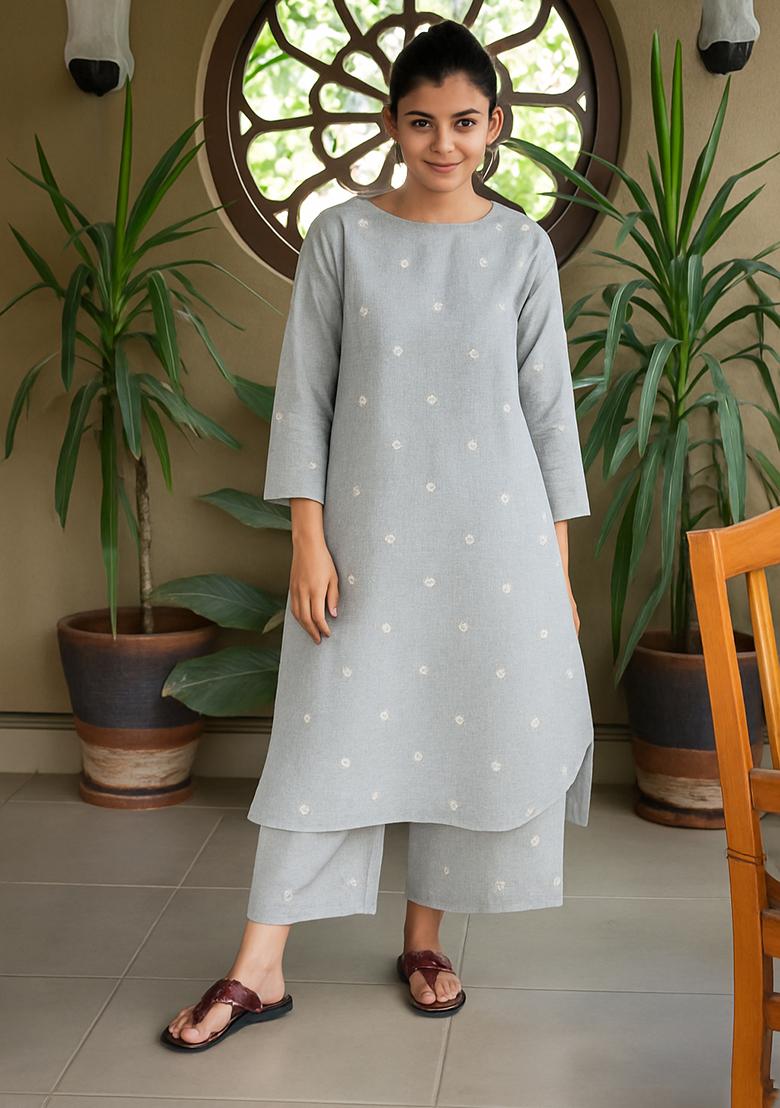 Powder Blue Embellished Linen Kurta Set - Indya