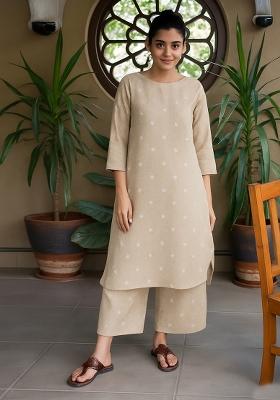 Brown Embellished Linen Kurta Set