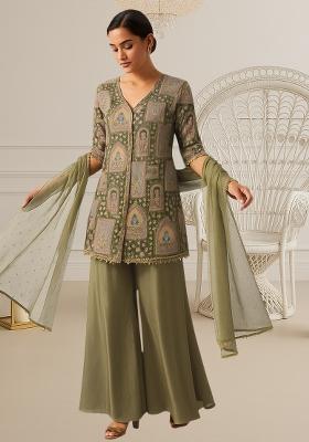 Olive Green Figure Print Silk Kurta Set
