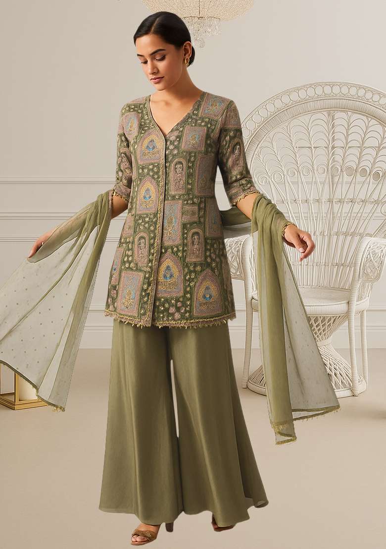 Olive Green Figure Print Silk Sharara Set - Indya