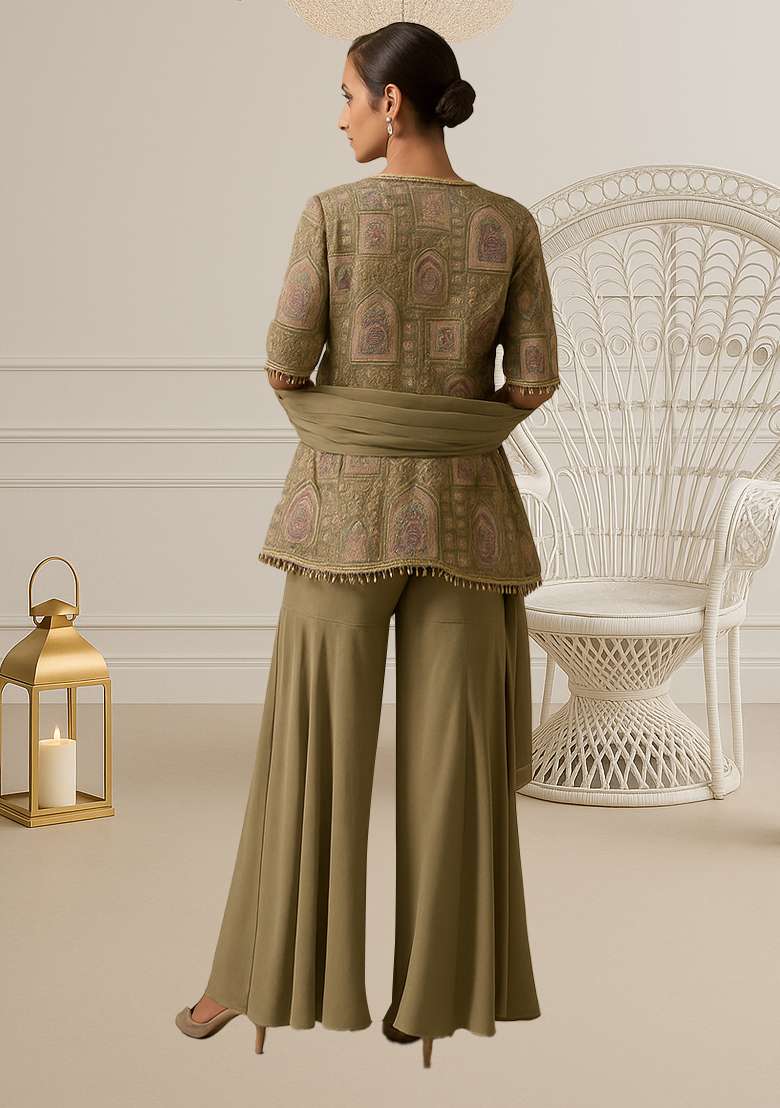 Olive Green Figure Print Silk Sharara Set - Indya