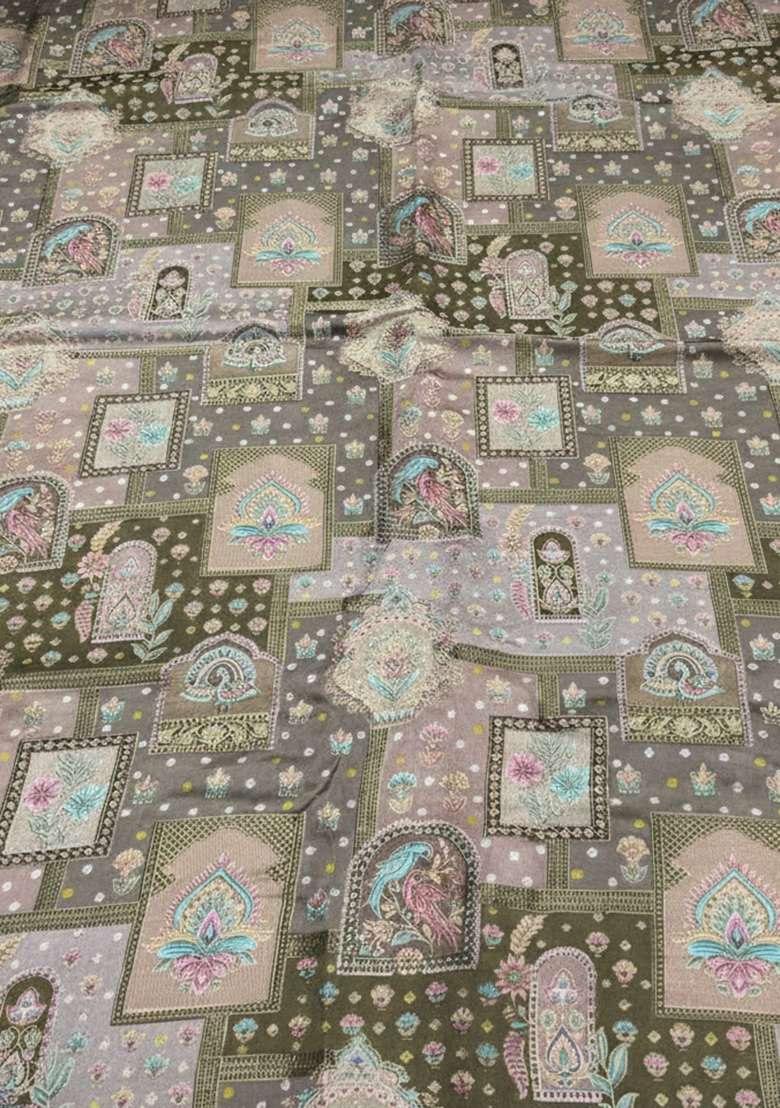 Olive Green Figure Print Silk Sharara Set - Indya
