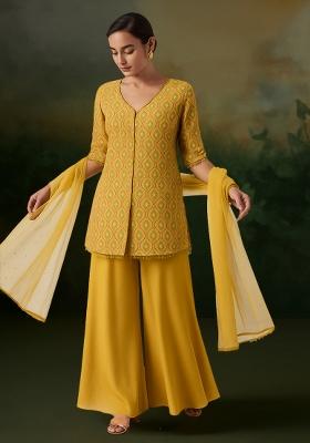 Yellow Figure Print Silk Kurta Set