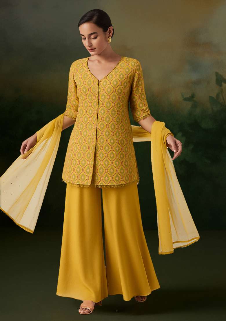 Yellow Embroidered Silk Blend Sharara Set - Indya