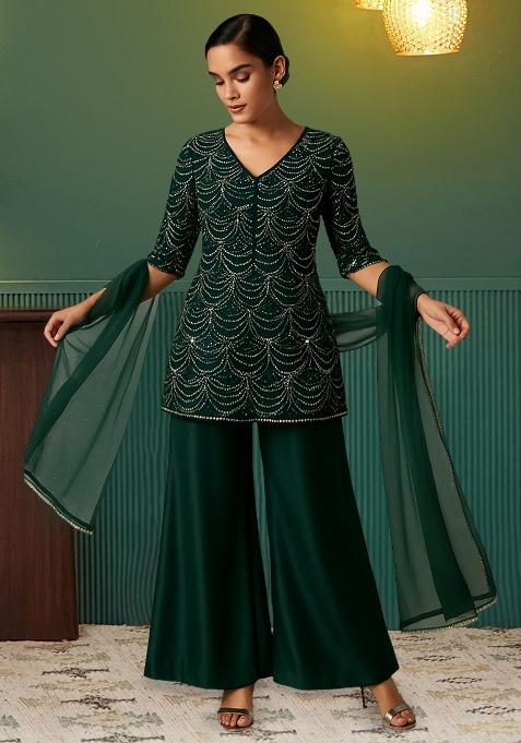 Green Embroidered Net Kurta Set