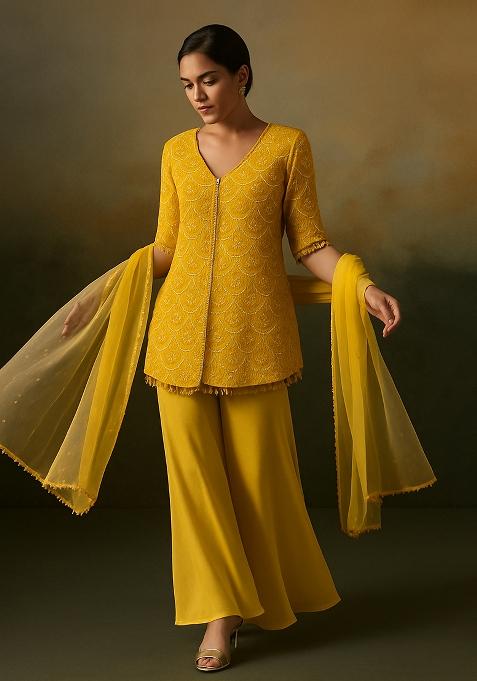 Yellow Embroidered Net Kurta Set