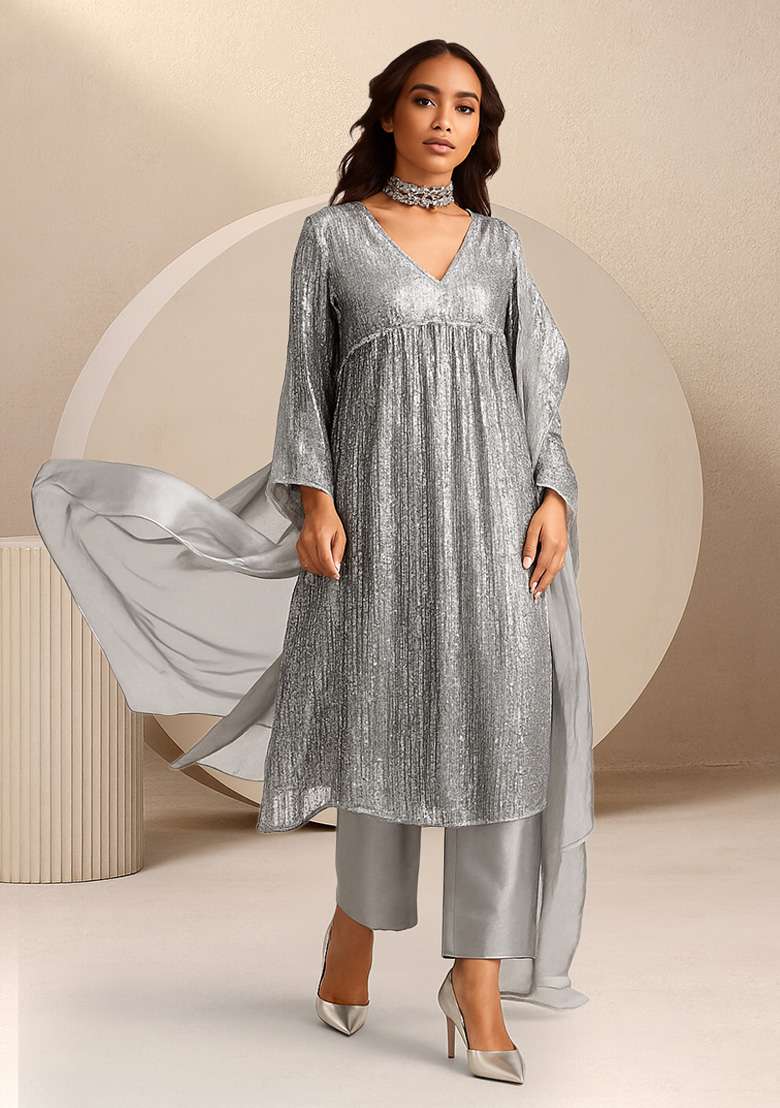 Green Sequin Shimmer Anarkali Set - Indya