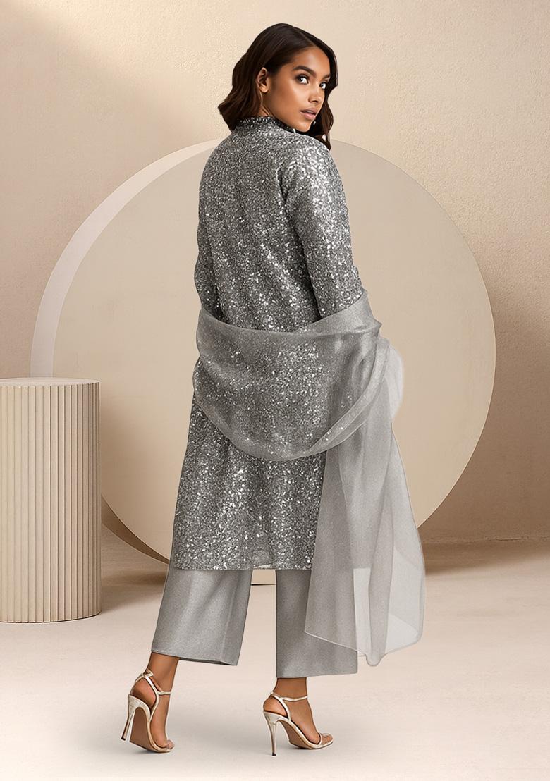 Green Sequin Shimmer Anarkali Set - Indya