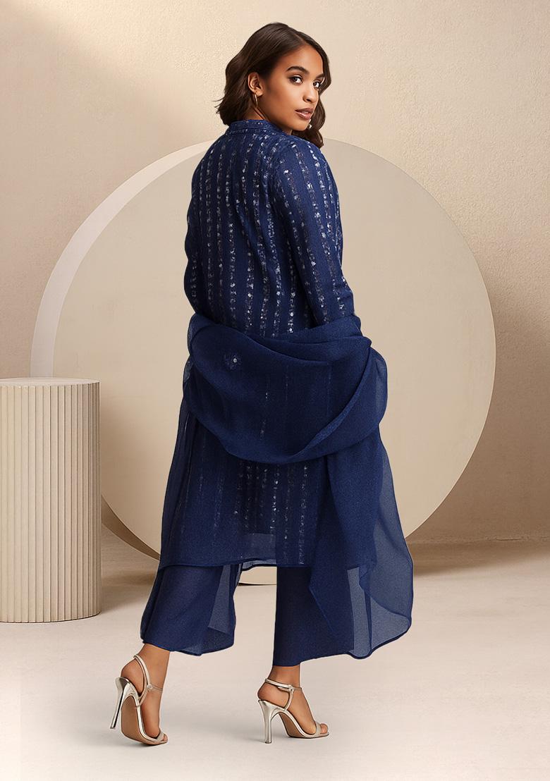 Blue Sequin Shimmer Anarkali Set - Indya