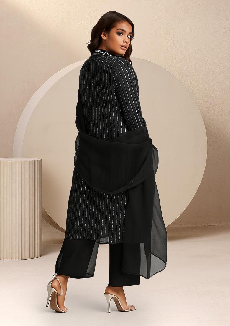 Black Sequin Shimmer Anarkali Set - Indya