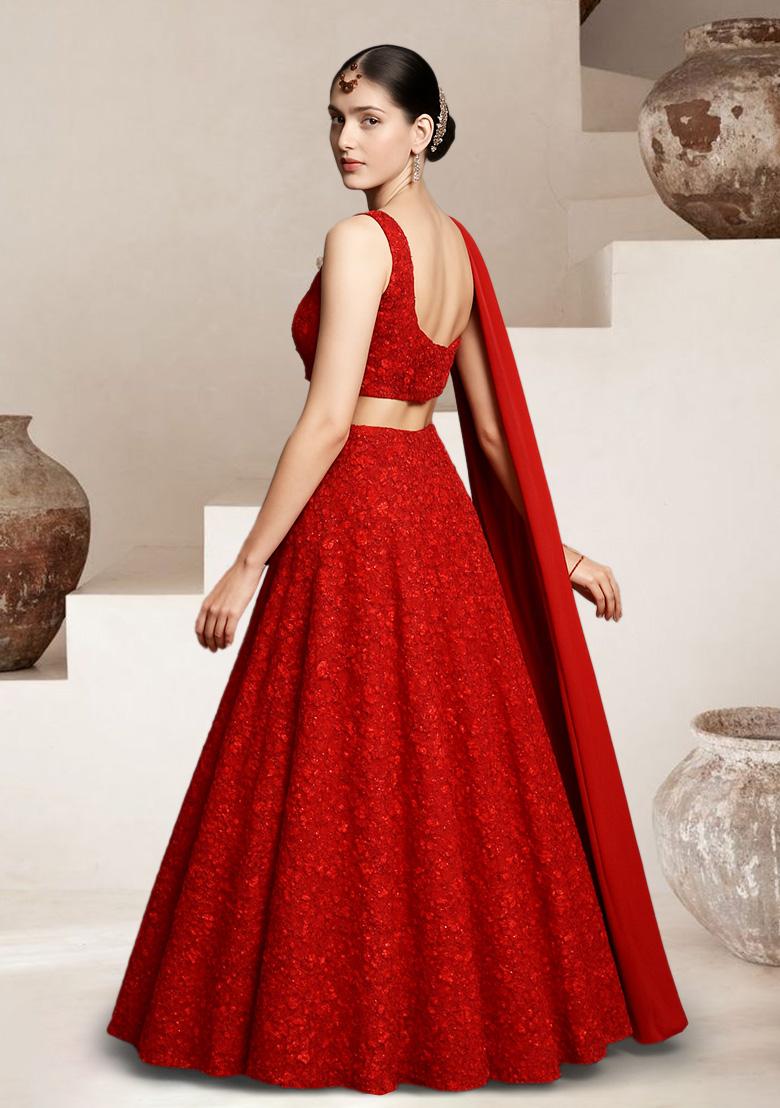 Red Embellished Net Anarkali Set - Indya