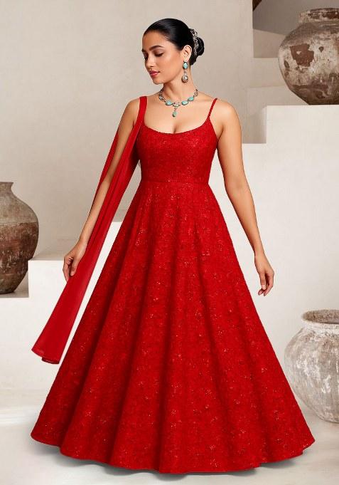 Red Embellished Net Anarkali Set