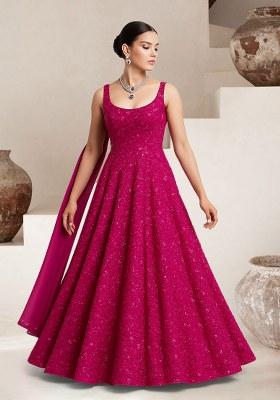 Dark Pink Embellished Net Anarkali Set