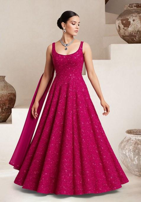 Dark Pink Embellished Net Anarkali Set