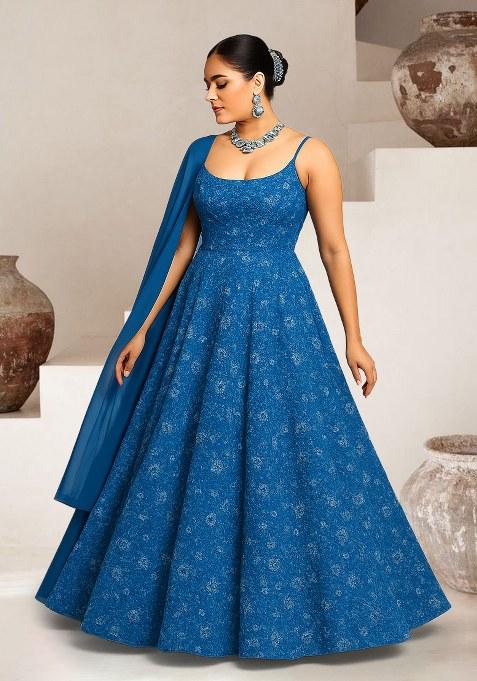 Blue Embellished Net Anarkali Set