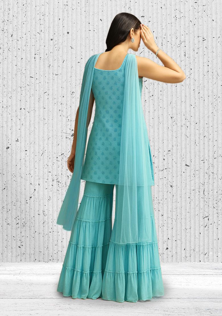 Blue Sequin Net Sharara Set - Indya