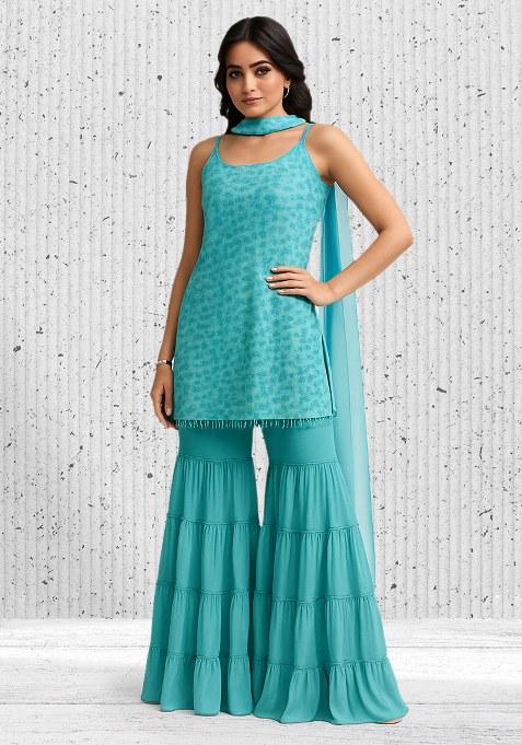 Blue Sequin Net Sharara Set