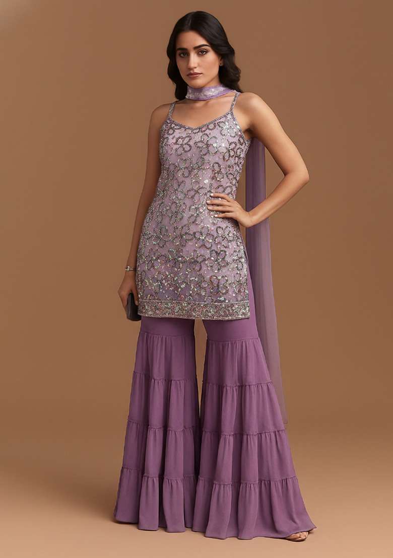 Purple Sequin Net Sharara Set - Indya