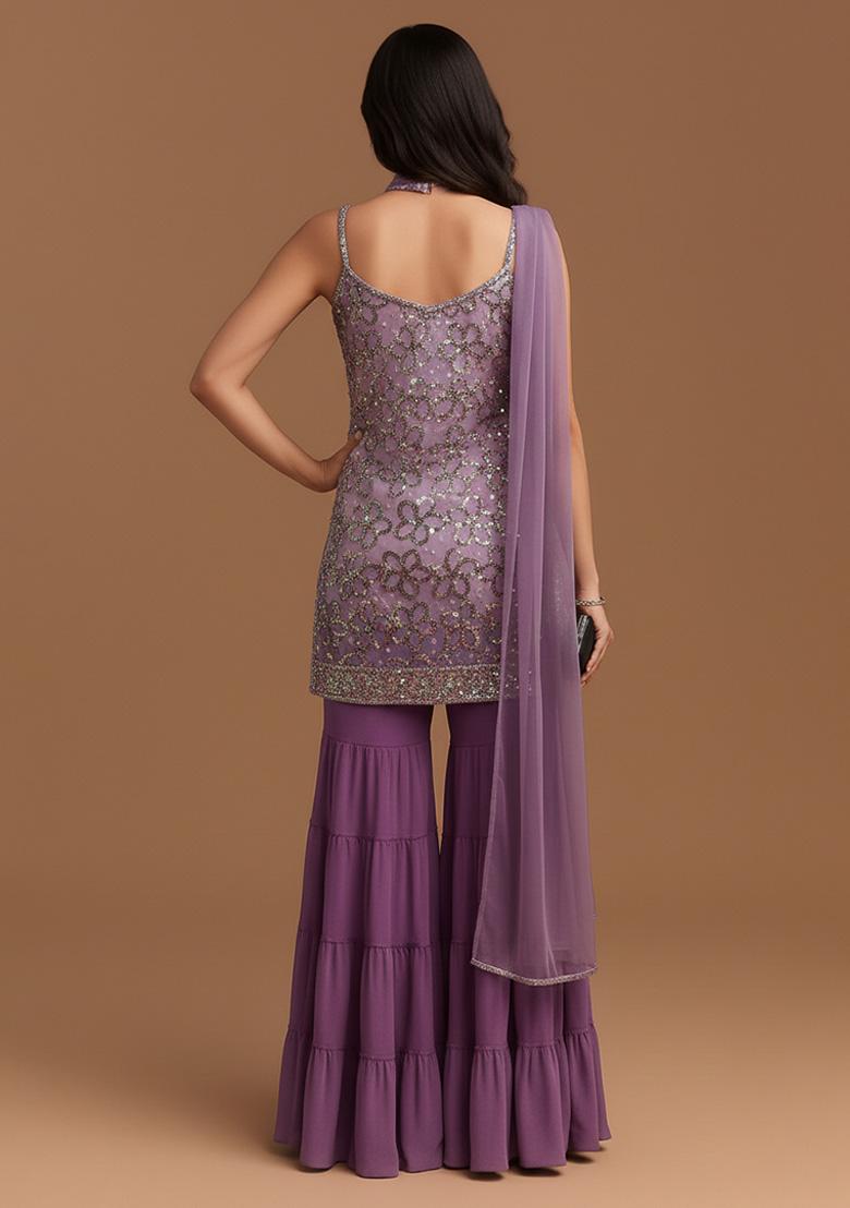 Purple Sequin Net Sharara Set - Indya