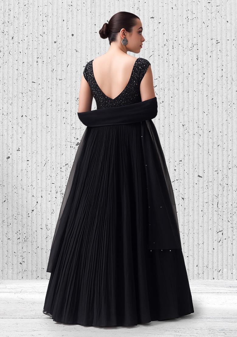 Black Sequin Net Anarkali Set - Indya