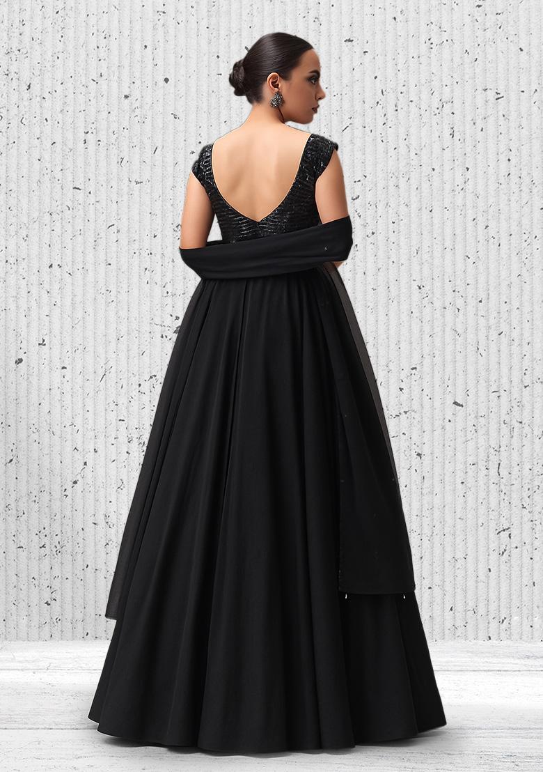 Black Sequin Net Anarkali Set - Indya