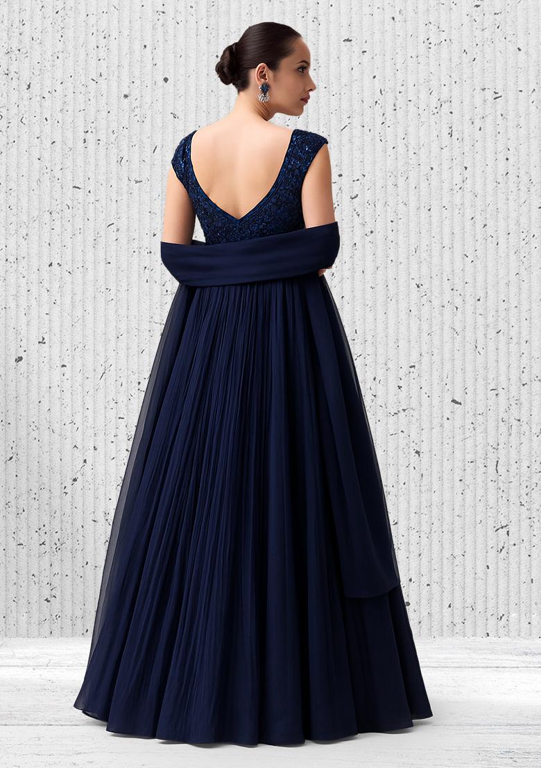 Deep Blue Embellished Net Anarkali Set - Indya