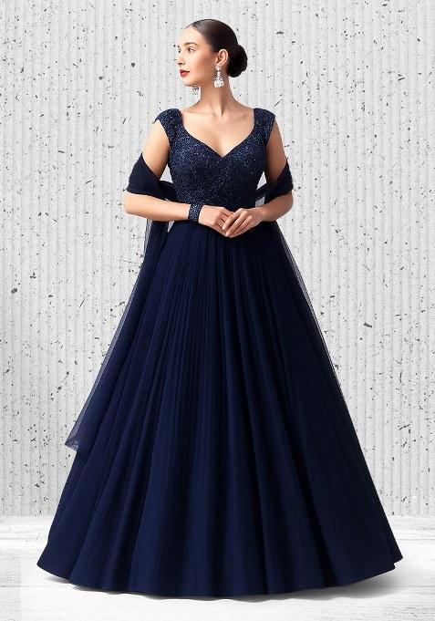 Deep Blue Embellished Net Sharara Set