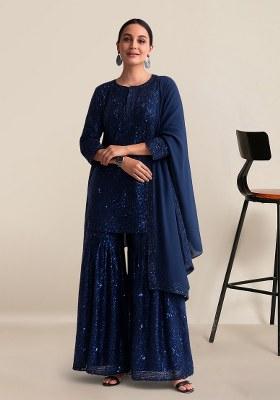 Dark Blue Embellished Net Sharara Set