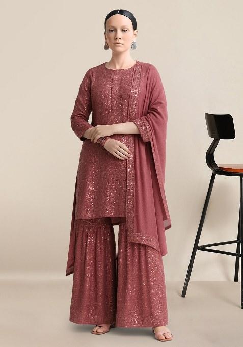 Pink Sequin Net Sharara Set