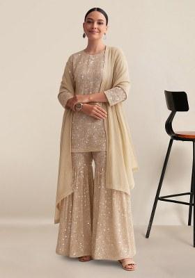 Beige Sequin Net Sharara Set