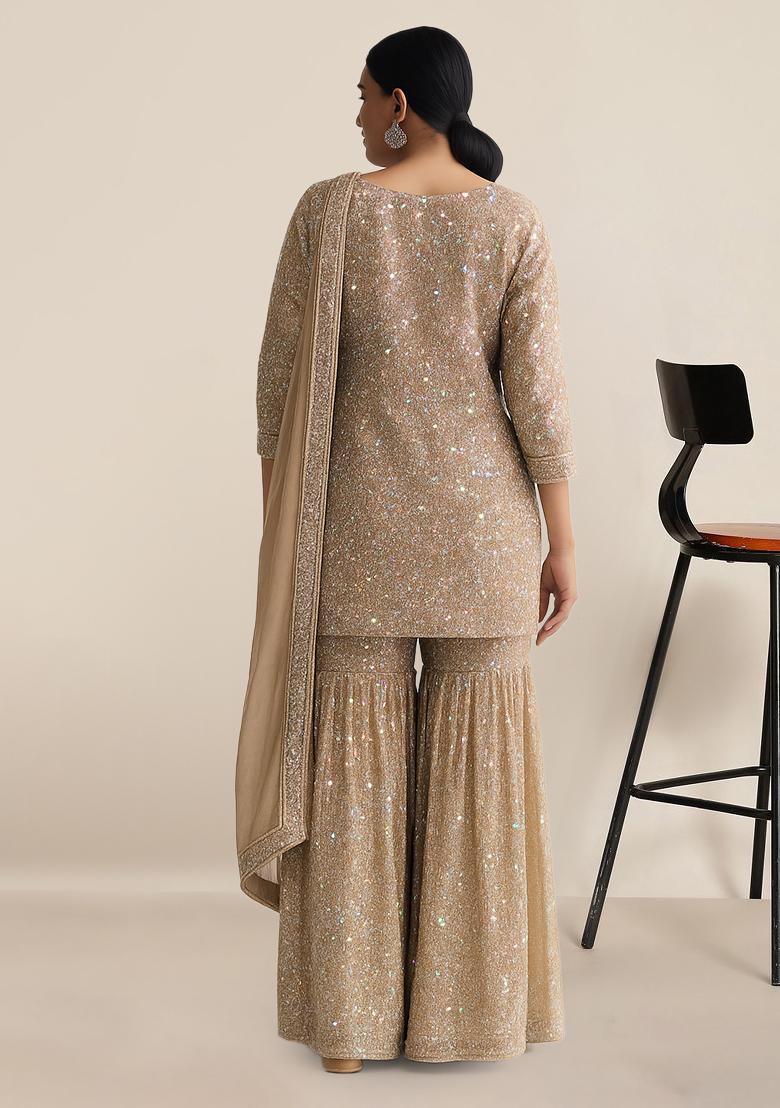 Beige Sequin Net Sharara Set - Indya