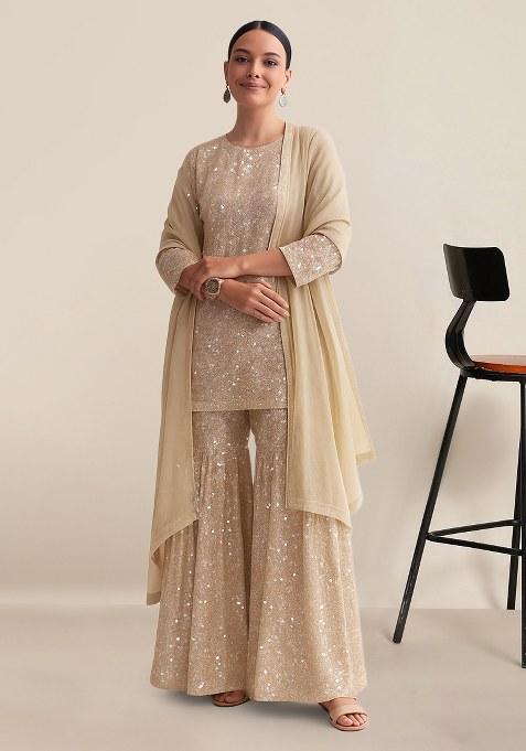 Beige Sequin Net Sharara Set