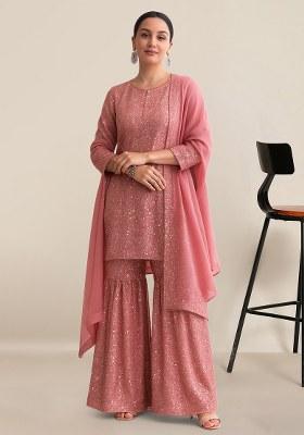 Pink Sequin Net Sharara Set