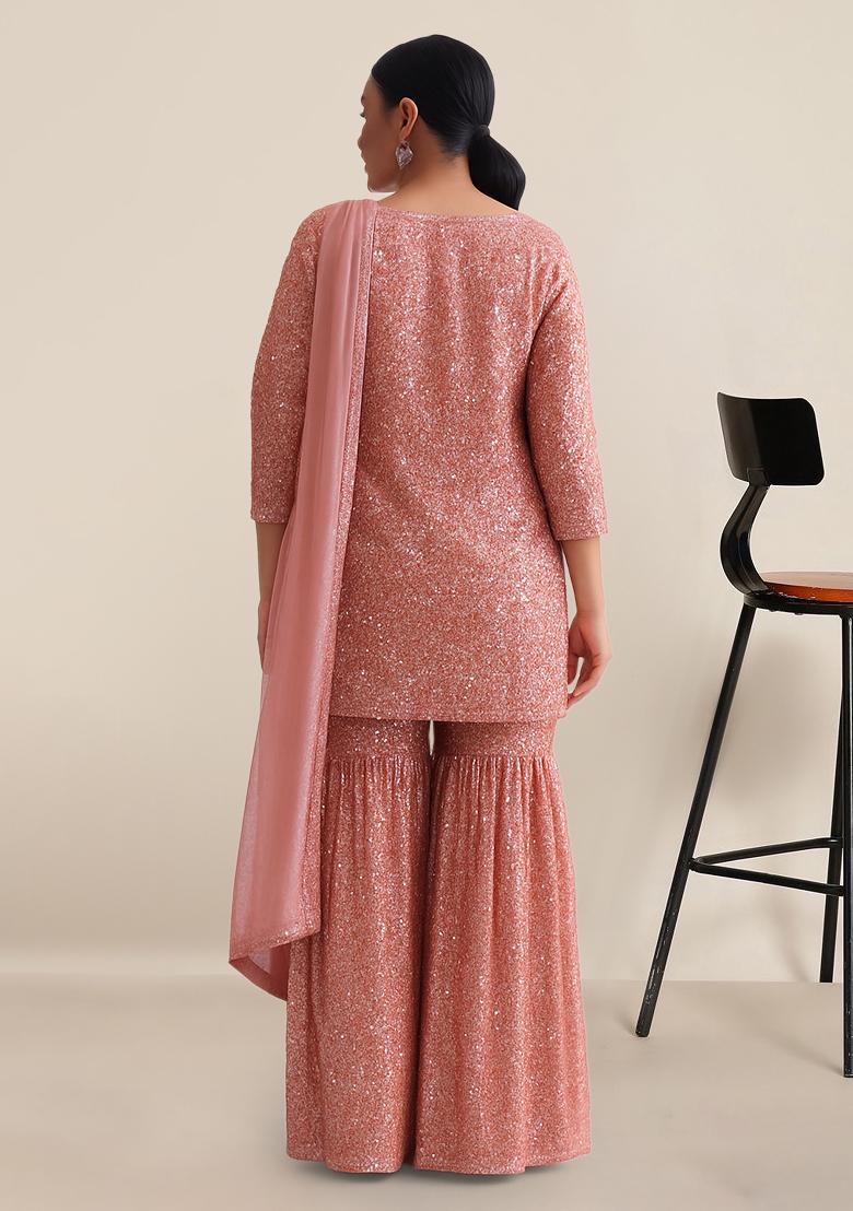 Pink Sequin Net Sharara Set - Indya