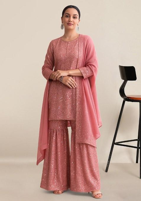 Pink Sequin Net Sharara Set