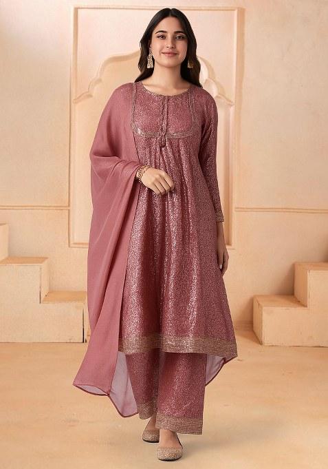 Pink Sequin Net Anarkali Set