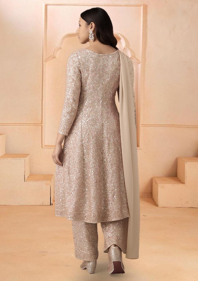 Beige Sequin Net Anarkali Set - Indya