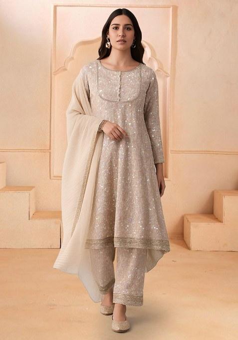 Beige Sequin Net Anarkali Set
