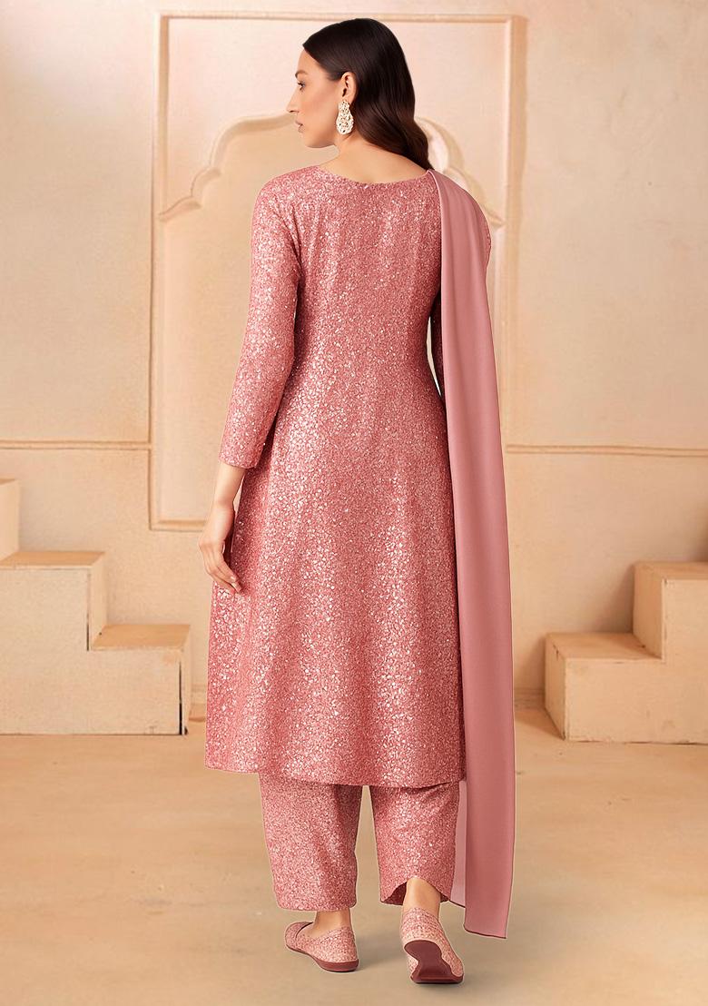Pink Sequin Net Anarkali Set - Indya